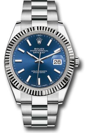 Replica Rolex Steel and White Gold Rolesor Datejust 41 Watch 126334 Fluted Bezel Blue Index Dial Oyster Bracelet